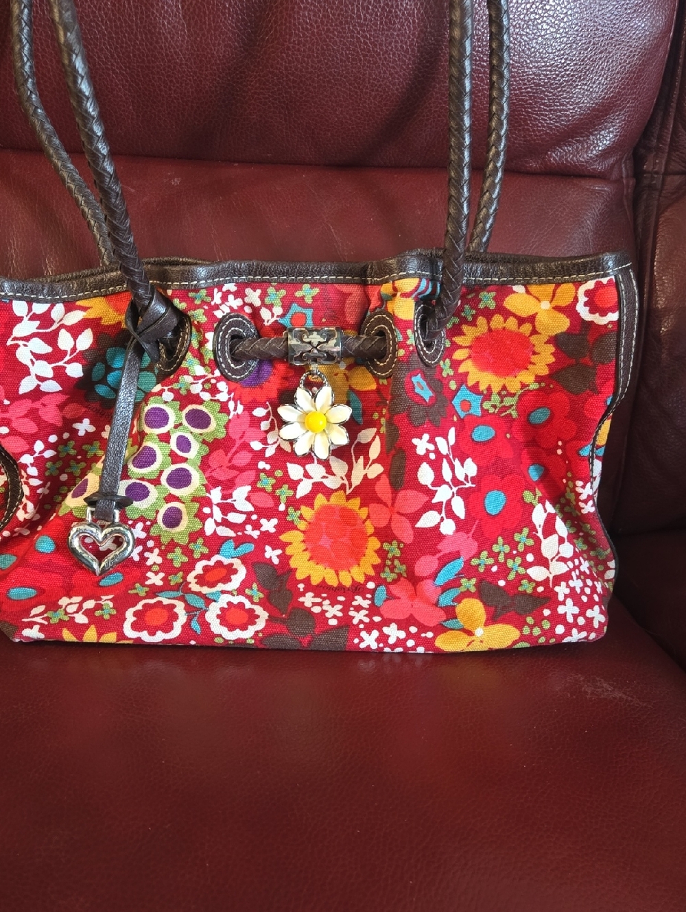 Brighton Red Floral Canvas Tote with Daisy Charm